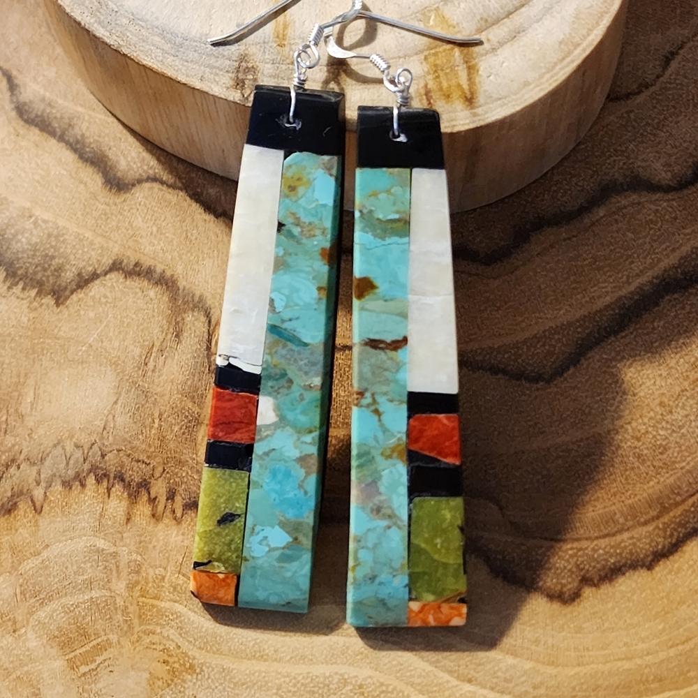 Native American Multi Stone Inlay Earrings - Picture 2 of 9